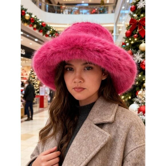 Women\'s Dark Pink Oversized Winter Long Pile Fur Wide Moldable Brim Warmer Cap main image 4